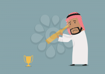 Sad cartoon arabian businessman looking at small golden trophy cup through spyglass. Business competition or disappointment theme usage