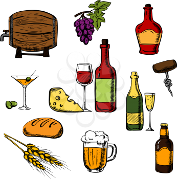 Alcohol drinks or beverages with bottles of wine, beer, champagne, brandy, filled wineglasses, wooden barrel, cocktail glasses, olives and some bread, cheese and grape for party or restaurant menu