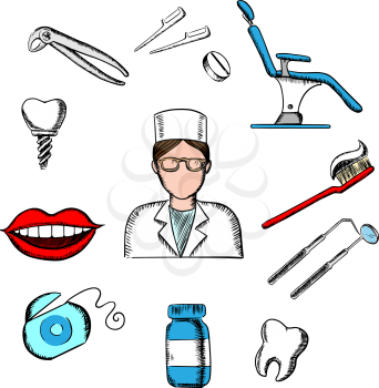 Dentistry design with female dentist in glasses and white uniform, dental equipment and hygiene icons of toothy smile, chair, tooth implant, floss, brace, pills, toothbrush, toothpaste