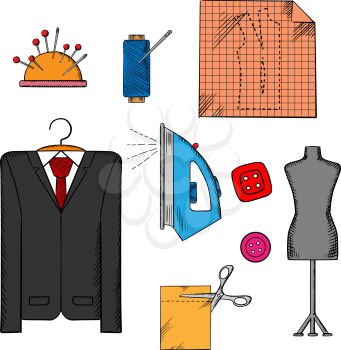 Tailor tools, cloth and accessories icons with man costume on a hanger, mannequin, cloth with scissors, iron and thread spool, needles and buttons