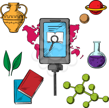 History and biology science icons with a central tablet showing a search icon over a global map surrounded by books, molecules, flask, planet, amphora, green leaves and books