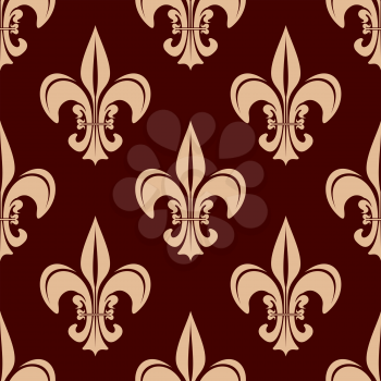Decorative fleur-de-lis seamless pattern for classic interior or heraldry design with victorian stylized beige floral compositions on brown background 