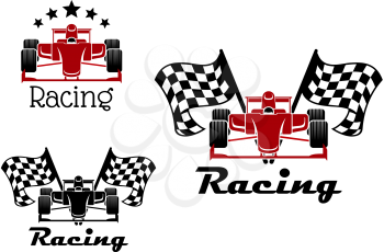 Motor racing sporting symbols and icons of red and black race cars. With checkered flags on both sides and arch of stars above with caption Racing