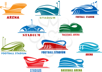 Sport stadiums icons with public buildings of football, soccer, basketball, baseball and ice hockey sporting competition. Sport arena icons or architecture design element