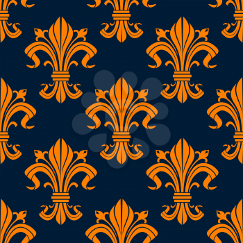 Bright orange fleur-de-lis seamless pattern with ornate floral compositions of curled leaves and buds on dark blue background. Wallpaper, textile or interior accessories design usage