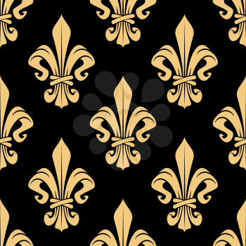 Golden heraldic lily flowers seamless pattern for classic wallpaper or interior textile accessories design with vintage fleur-de-lis ornament on black background