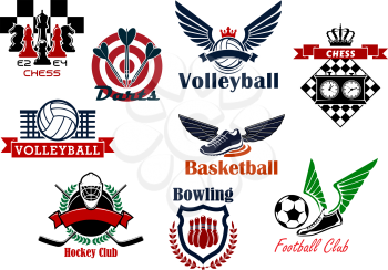 Football or soccer, basketball, ice hockey, chess, bowling, darts and volleyball sport games emblems design with balls, sticks and puck, chessboards and pieces, ninepins, arrows and dartboard 