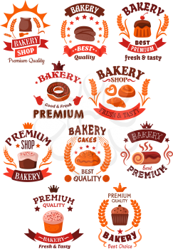 Bakery and pastry shop symbols of premium quality bread, buns, cakes, cupcakes, donut, pies.Decorated by cereal wheat ears, ribbons and banners, stars and crowns 