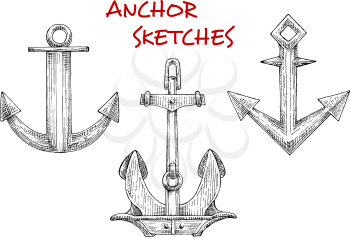 Sketch icons of vintage boat anchors with heavy stockless anchor and admiralty anchors with curved flukes. Use as navy emblem, tattoo or t-shirt print design