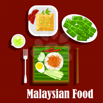 Malaysian cuisine rice dishes with fragrant rice nasi lemak with boiled egg, lamb curry, cucumbers, and chilli, fried rice with tomatoes and green tea with rice desserts, wrapped in banana leaves