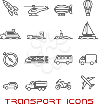 Transportation thin line icons set with car, bus and train, truck and ship, airplane and motorcycle, yacht and compass, tractor and helicopter, rocket and submarine, hot air balloon and airship 