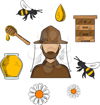 Beekeeping concept with beekeeper in hat and apiculture symbols around him including honey jar, flying bees, flowers, wooden beehive and dipper with drop of liquid honey
