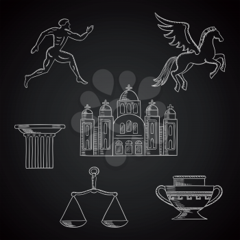 Greece culture and art chalk icons depicting a Greek runner, column capital, pegasus, amphora, scales and temple over a blackboard