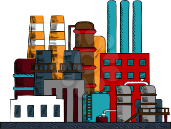 Industrial refinery factory building with set of buildings, tanks, pipe work and chimneys