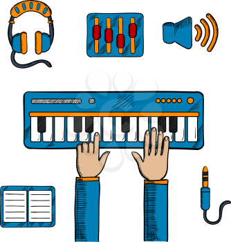 Sound recording and music icons with person playing an electronic keyboard, earphones and volume sliders, megaphone, tablet or MP3 player and a sound jack or plug