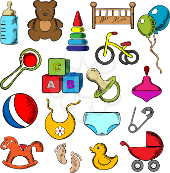 Baby, childish and childhood icons set with blue and black flat icons of toys, diaper, bottle, pacifier, rattle, stroller, cubes, ball, bed, bib, bicycle and rocking horse