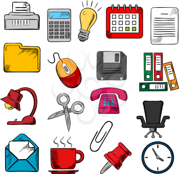 Business and office supplies icons with light bulb and phone, calendar and calculator, mouse and e-mail, folders documents and clock,  coffee cup and chair, shredder and scissors, pin and clip