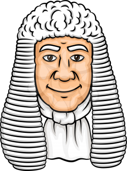Cartoon old judge in white wig and collar. Law profession, justice and legislation theme design 
