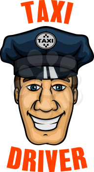 Cheerful smiling taxi driver with cartoon young man in blue octagonal peaked cap and checkered taxi sign on cap badge. Transportation service or profession concept