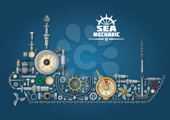 Ship silhouette and nautical equipment with propeller and anchor, chain and rudder, engine order telegraph, portholes and helm, steering system, barometer and ball valves. Sea mechanic design