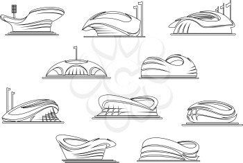 Modern open stadium and arena symbols for sporting competition emblem or architecture design element with outline abstract buildings