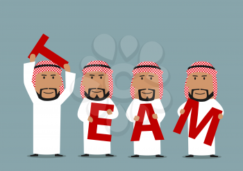 Successful arab business team standing with red letters in hands and creating a word Team. Concept of teamwork, business team, partnership and team building