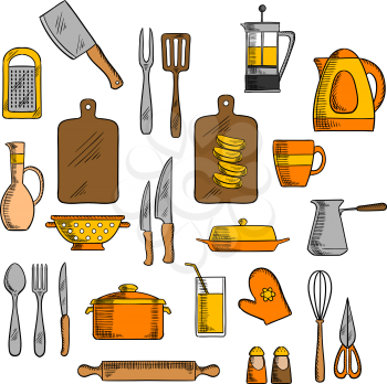 Kitchenware pot and electric kettle, coffee and tea pots, cutting board and knives, forks, cup and glass, spoon and rolling pin, spatula and grater, whisk and jug, salt and pepper shakers, oven glove