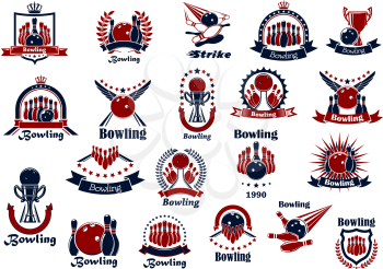 Sporting emblems or symbols for bowling club, team or tournament design with balls and ninepins, strikes and lanes, sport trophies framed by crowned shields and wreaths, stars and ribbon banners