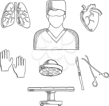 Surgeon profession objects and icons with doctor in mask, with operation table and lamp, gloves, human heart and lung, scalpel and forceps