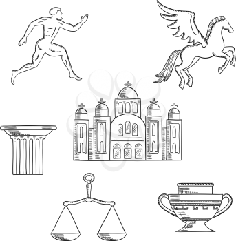 Greece culture and history icons with Greek runner, capital on a column, pegasus and amphora, scales and temple