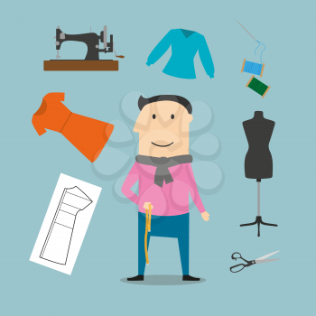 Tailor profession concept design with elegant man surrounded by sewing machine and mannequin, scissors and needle, threads and buttons, thimble and pins, measuring tape and orange dress