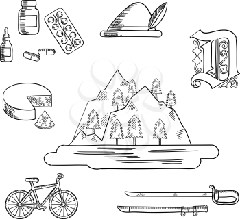 German travel and culture sketch icons with Alps mountain, forest and lake, surrounded by bavarian hat and cheese, medication and gothic german letter, bicycle and medieval sword