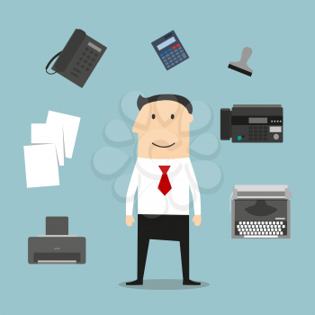 Secretary or manager profession icons with telephone, fax, stack of folders with documents, pen, printer, mail symbol, typewriter and elegant young woman