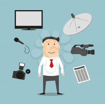 Reporter profession icons and symbols with man surrounded by newspaper and microphone, photo and video cameras, satellite dish antenna and TV