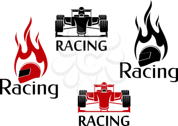 Car racing symbols in red and black colours for motorsport competition design with open wheel racing cars and flaming racing helmets