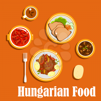 Hungarian national cuisine with beef goulash stew, served with boiled young potatoes, bean soup, pepper and tomatoes salad with vinegar, goose liver with fresh vegetables, bread and tea cup