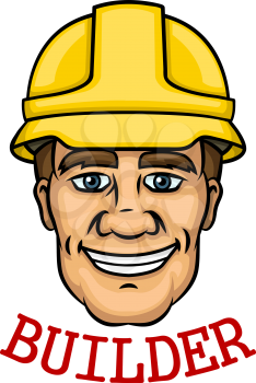 Cheerful builder worker with a yellow hard hat and text Builder below. Use as building industry occupation, construction business and technology theme design
