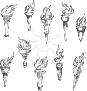 Sketches of flaming torches with conical handles and broad cups. Engraving stylized antique torches for sport, heraldic or history theme