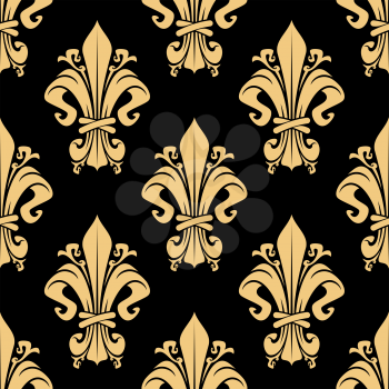 Vintage golden fleur-de-lis royal seamless pattern over black background with victorian leaf scrolls, ornate by flourishes. Luxury wallpaper, heraldry or textile themes design