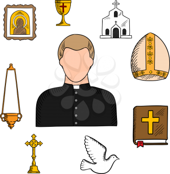 Priest in black robe and white collar with religious symbols such as church or temple building, the Bible and golden cross, bowl and candelabra on chain, ornate icon, white dove and mitre