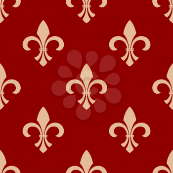 Ancient french floral royal seamless pattern with beige ornament of fleur-de-lis elements on red background. Vintage interior accessories or textile themes design