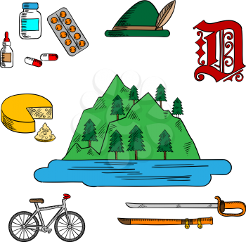 Spectacular landscape of bavarian lake adorned by feather, farm cheese, medications, ornamental german gothic font, bicycle and ancient saber. Colorful sketches for Germany theme design