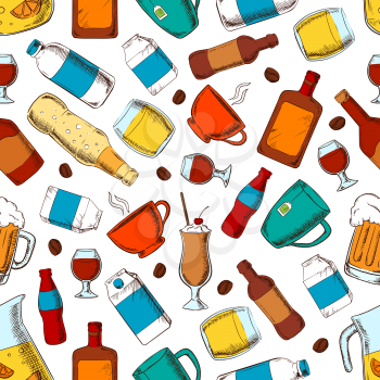 Beverages seamless pattern of coffee and tea cups, bottles and filled glasses of beer and soda, wine and whiskey, milk and cream packets, fresh lemonade and milk shake