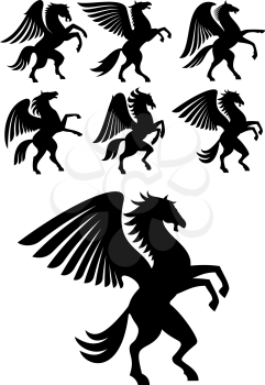 Mythical gorgeous winged pegasus black horses with open wings. Heraldry, coat of arms, equestrian sport symbols or tattoo design usage