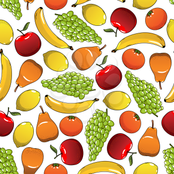 Fresh fruits seamless pattern with sweet oranges and bananas, red and green grapes, juicy pears and lemons fruits on white background. Agriculture, farming, dessert themes design