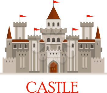 Fortified medieval roman castle in gray colors with arched windows and red flags on turrets, surrounded by curtain walls with corner towers and gatehouse with wooden gate. Flat style