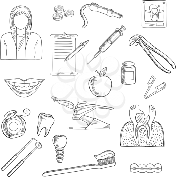 Dentistry icons set with dentist, x-ray and cross section of cracked tooth, dentist chair and instruments, syringe and pills, tooth implant and braces, healthy smile and toothbrush, floss, clipboard a