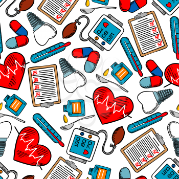 Medicine and healthcare seamless pattern with medical test clipboards, hearts with pulse graphs, tooth implants and pills, blood pressure monitors, thermometers and cough syrup with spoons