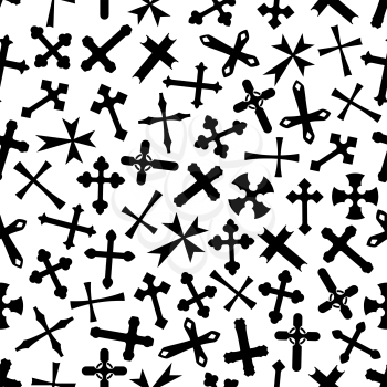 Christian crucifixes background for religion or church theme design with seamless pattern of black crosses randomly scattered on white background