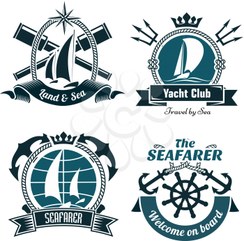 Yacht club or sailing sport retro symbols and icons with sailing boats and vintage helm, framed by crosses anchors, spyglasses and tridents with ribbon banners below and crowns or compass rose on top 
